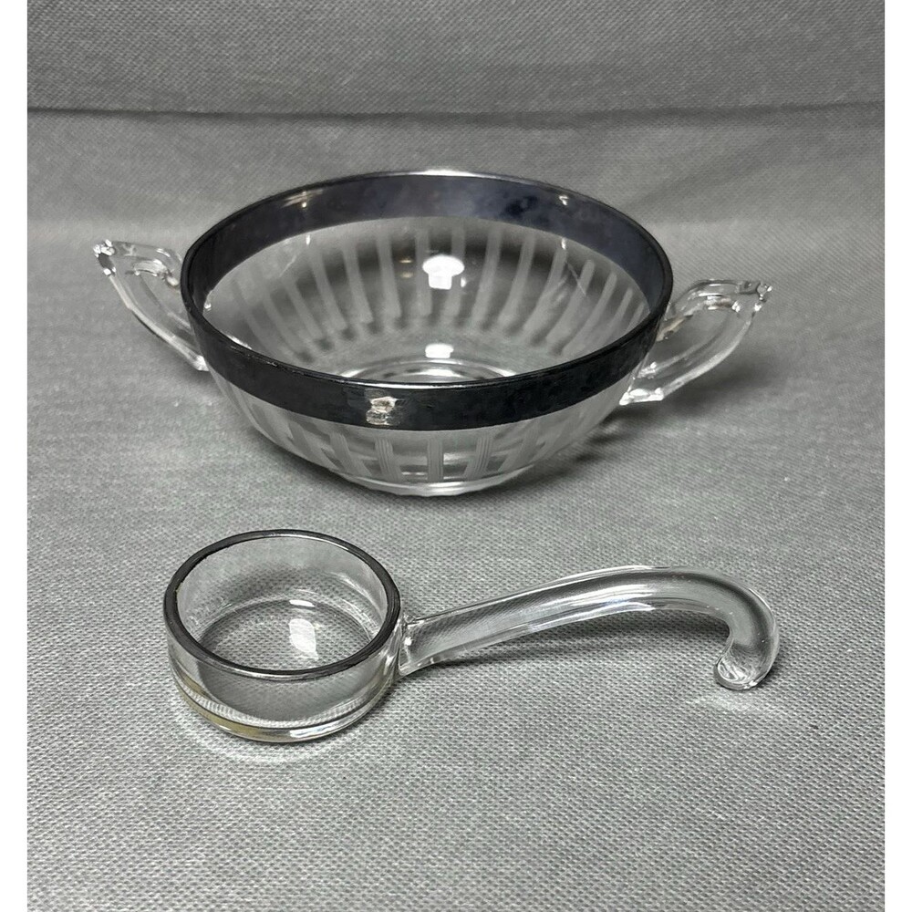 Vintage Mayonnaise Spoon & Handled Bowl Art Deco Silver Rim Depression Glass-UV